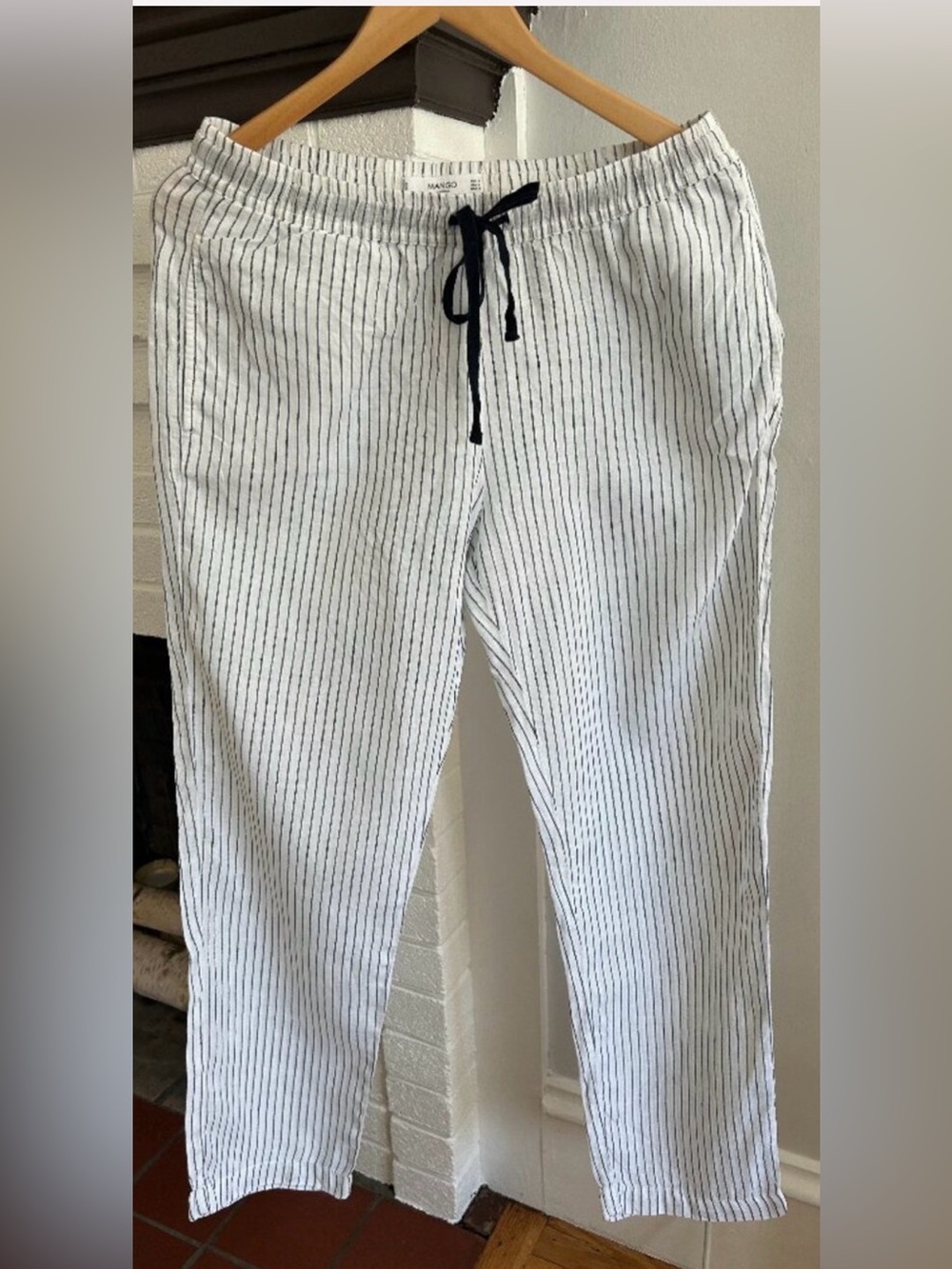 Mango Woman’s White Pinstripe Drawstring Pants with Black Drawcord